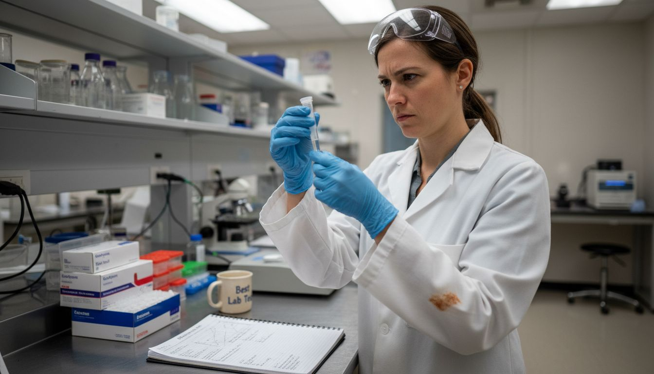 Scientist examining peptide sample in cluttered lab