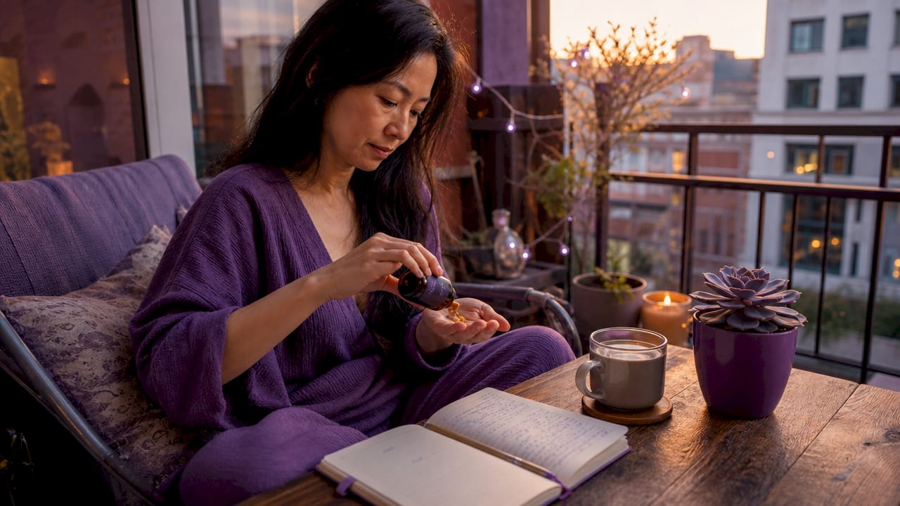 Woman taking vitamins at home kitchen table