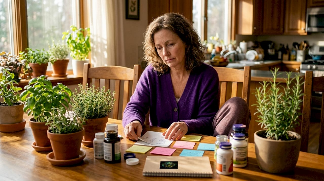Tired consumer managing supplements at kitchen table