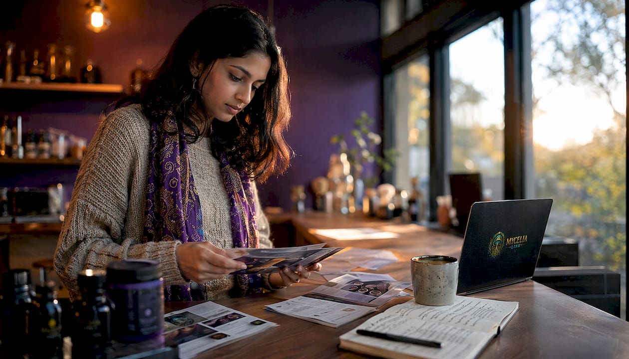 Woman analyzing wellness marketing materials at home