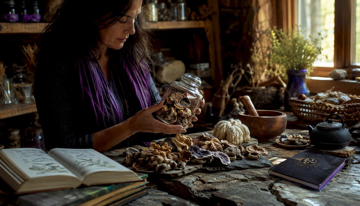 Herbalist preparing medicinal mushrooms in kitchen