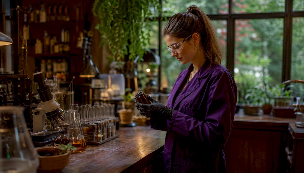 Lab technician handling supplement sample bottle