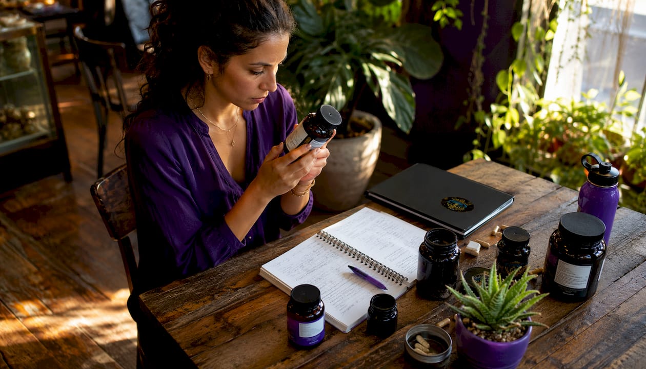 Woman reading supplement label closely