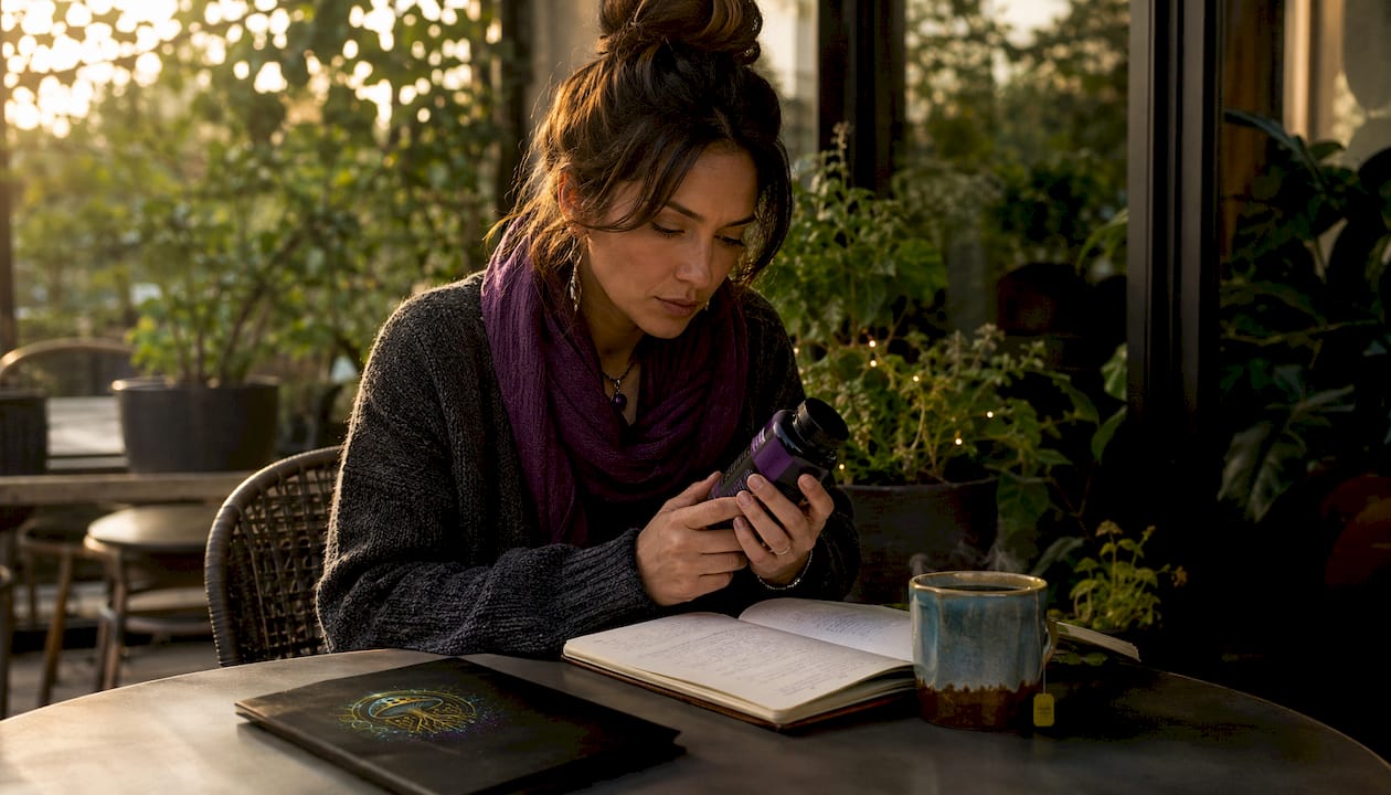 Woman reading supplement dosage label at kitchen table