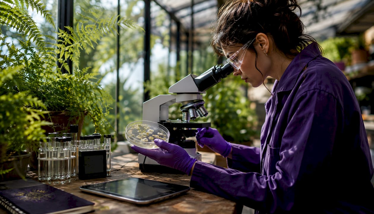 Scientist examining biofilm cultures under microscope