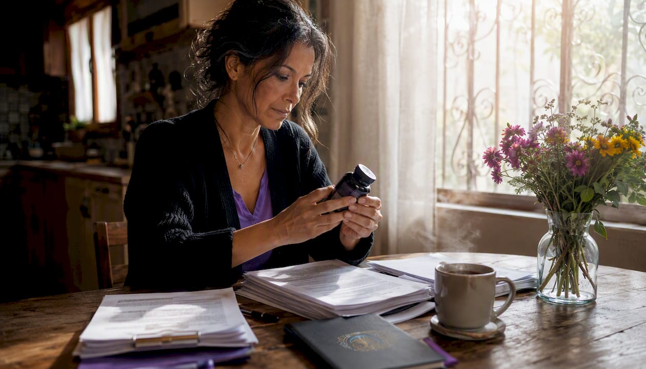 Woman reviewing supplement label at kitchen table