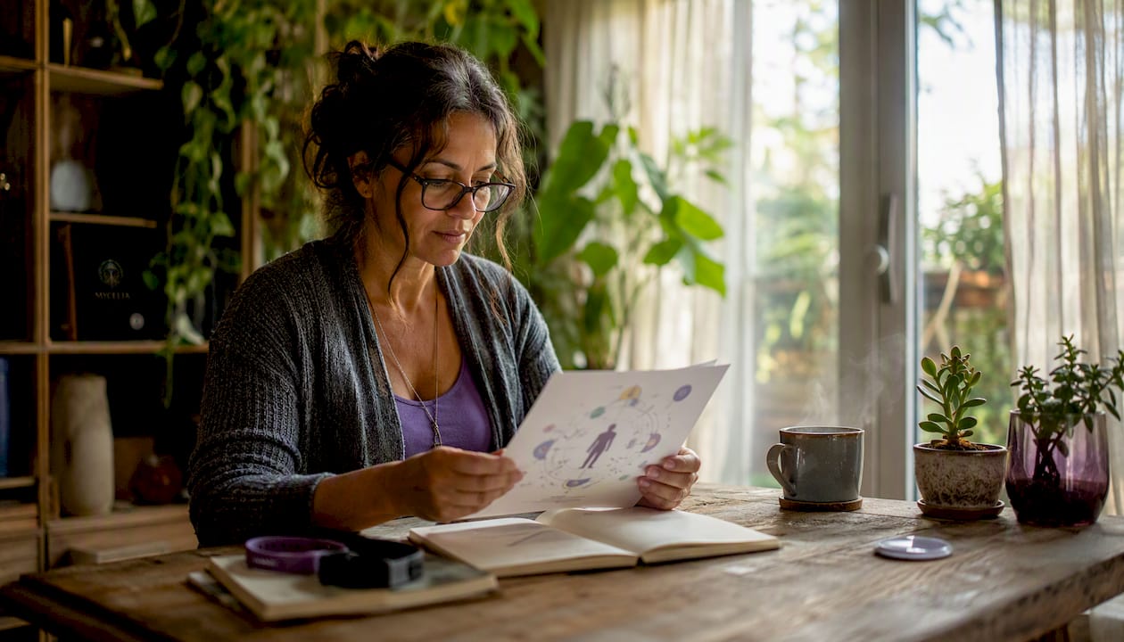 Woman reviewing wellness plan at home desk