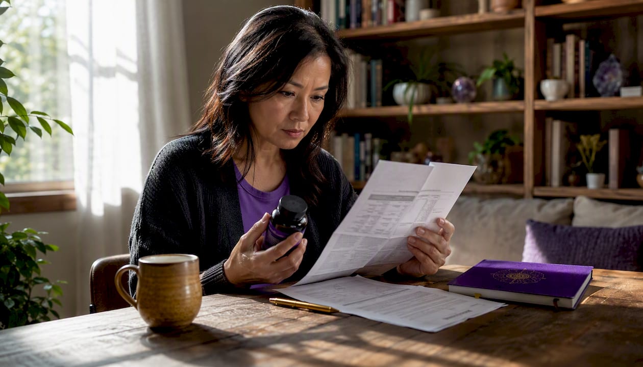 Woman reviewing supplement certificate at home table