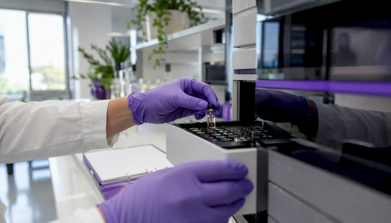 Hands loading peptide sample into HPLC
