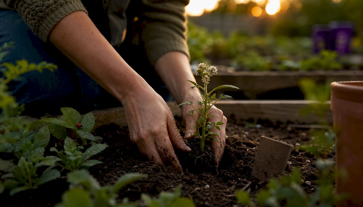 Hands planting native wildflower seedling outdoors