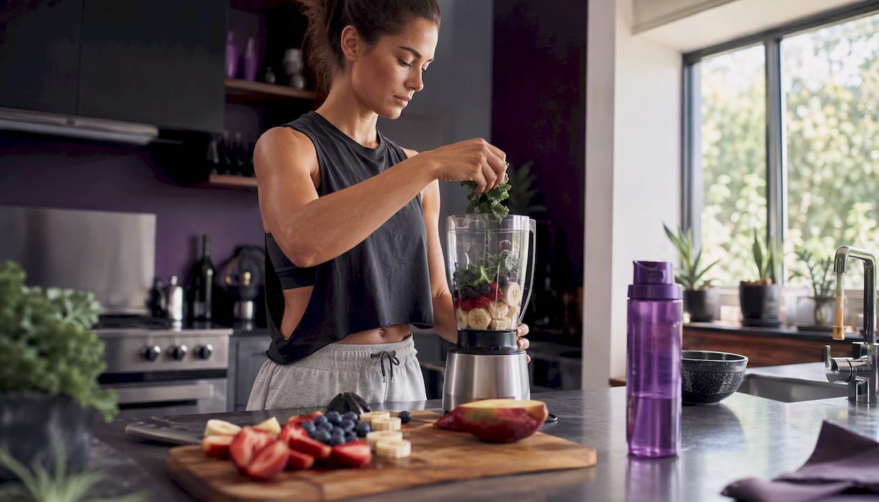 Athlete preparing smoothie with diverse plant foods