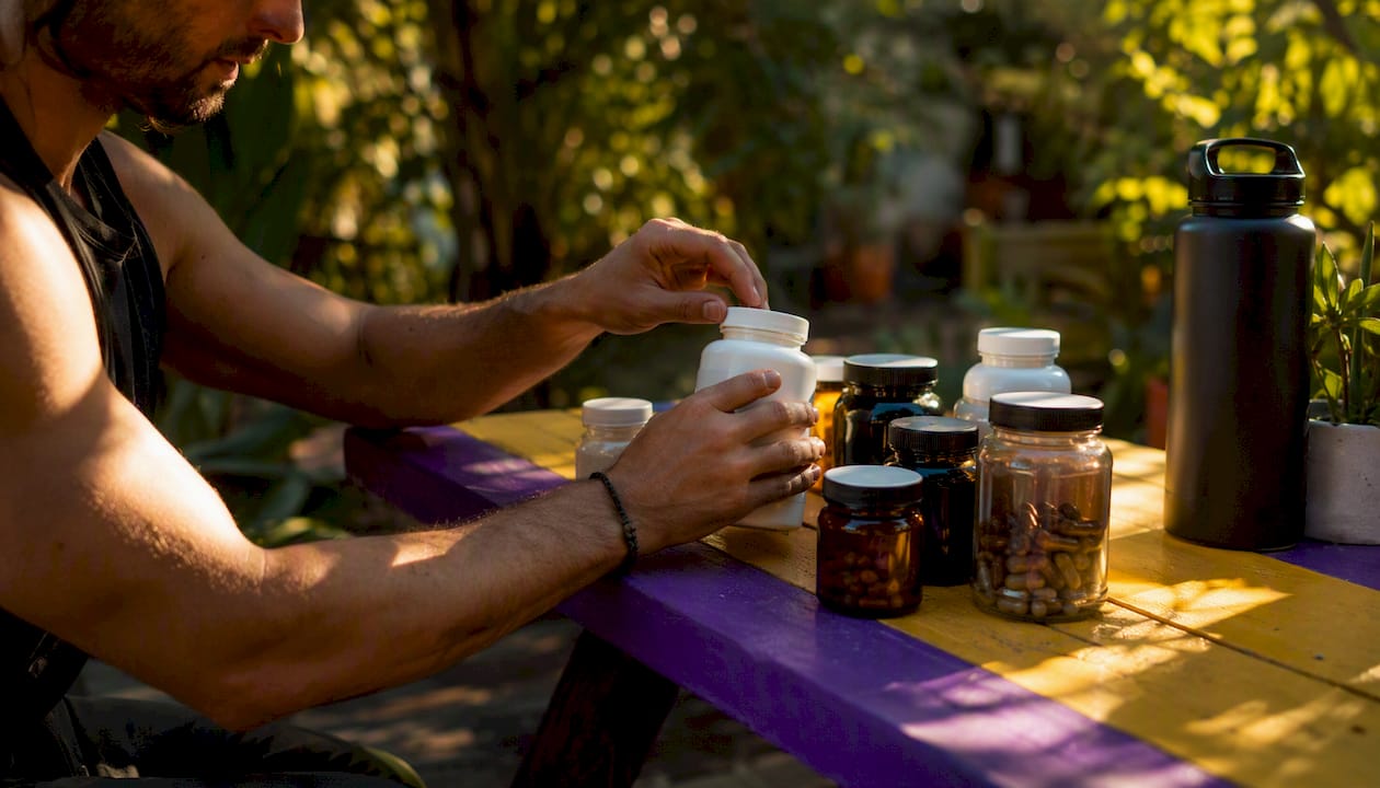 Hands sorting supplement bottles on table