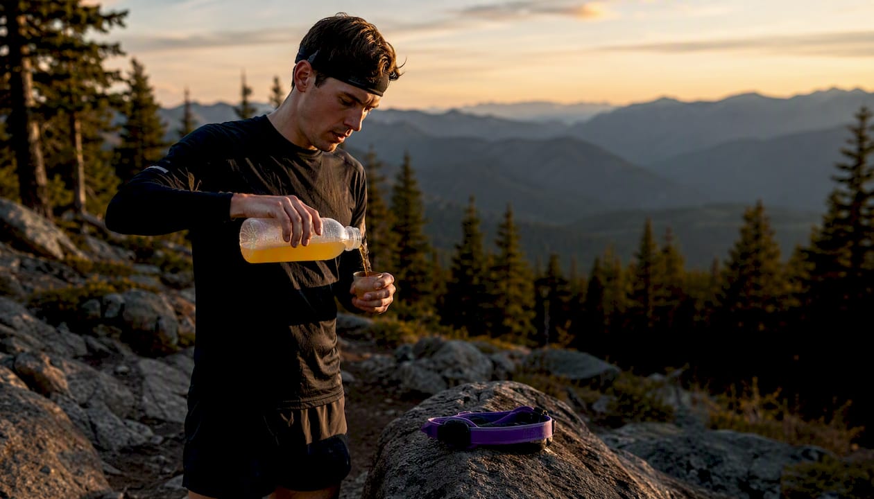 Athlete pouring carb drink on trail
