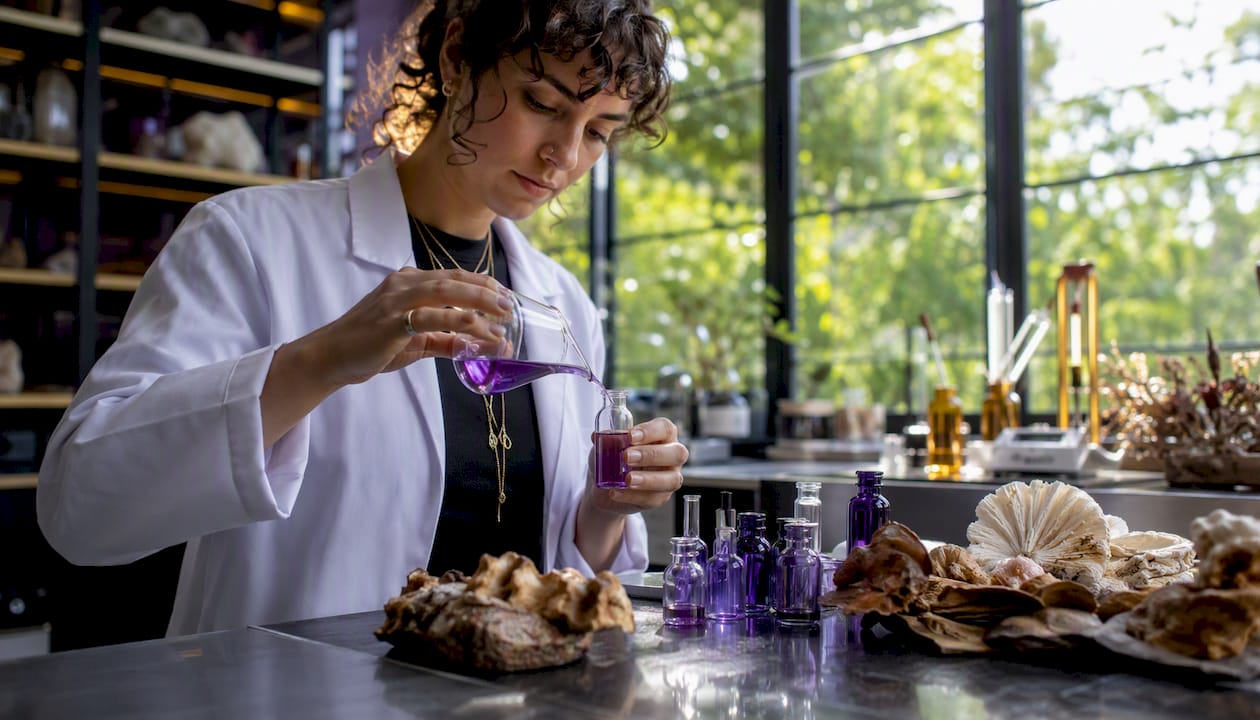 Lab technician pouring liquid for supplement testing