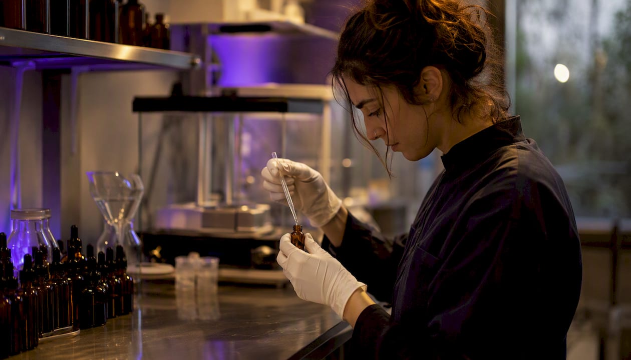 Hands pipetting liquid in supplement lab