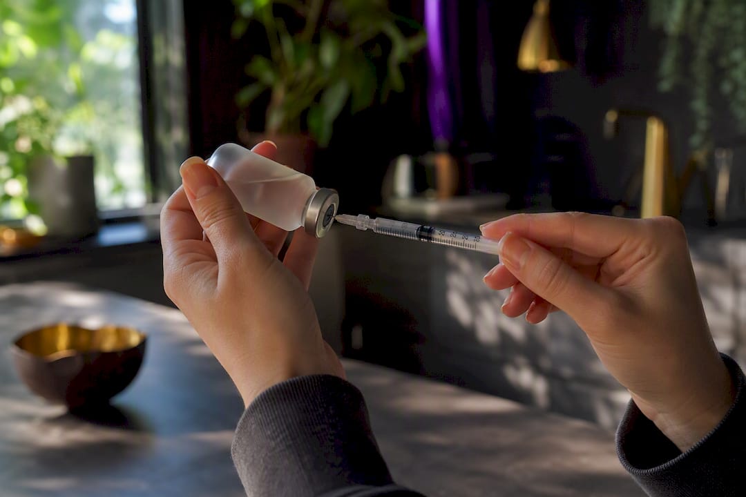 Hands drawing bacteriostatic water with syringe