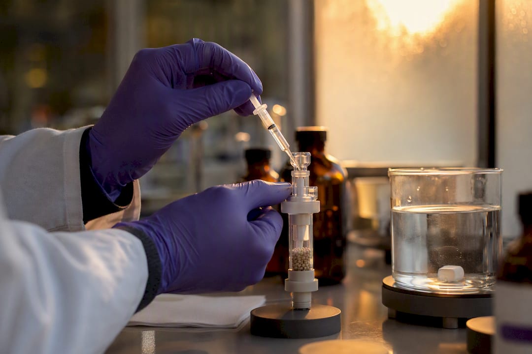 Hands adding reagents to peptide synthesis vessel