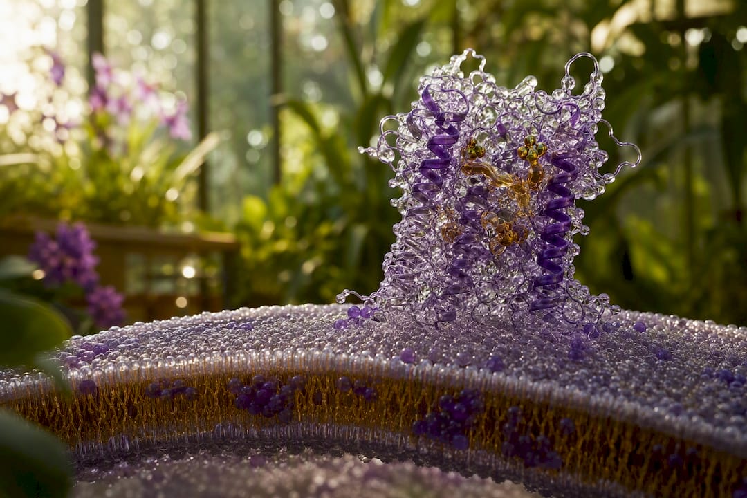 Close-up of peptide receptor molecular model on membrane