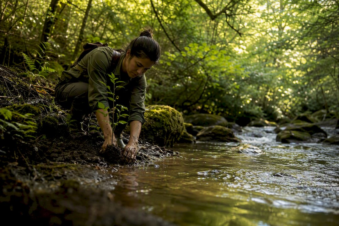 Ecologist planting native vegetation in stream