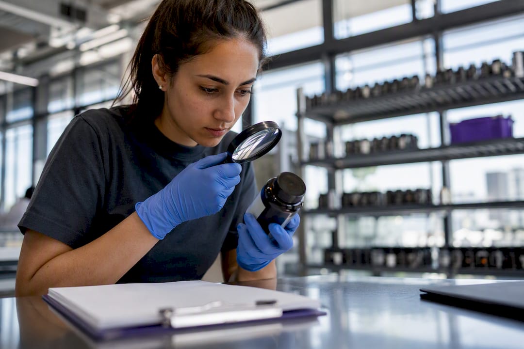 QC specialist inspecting sample bottle