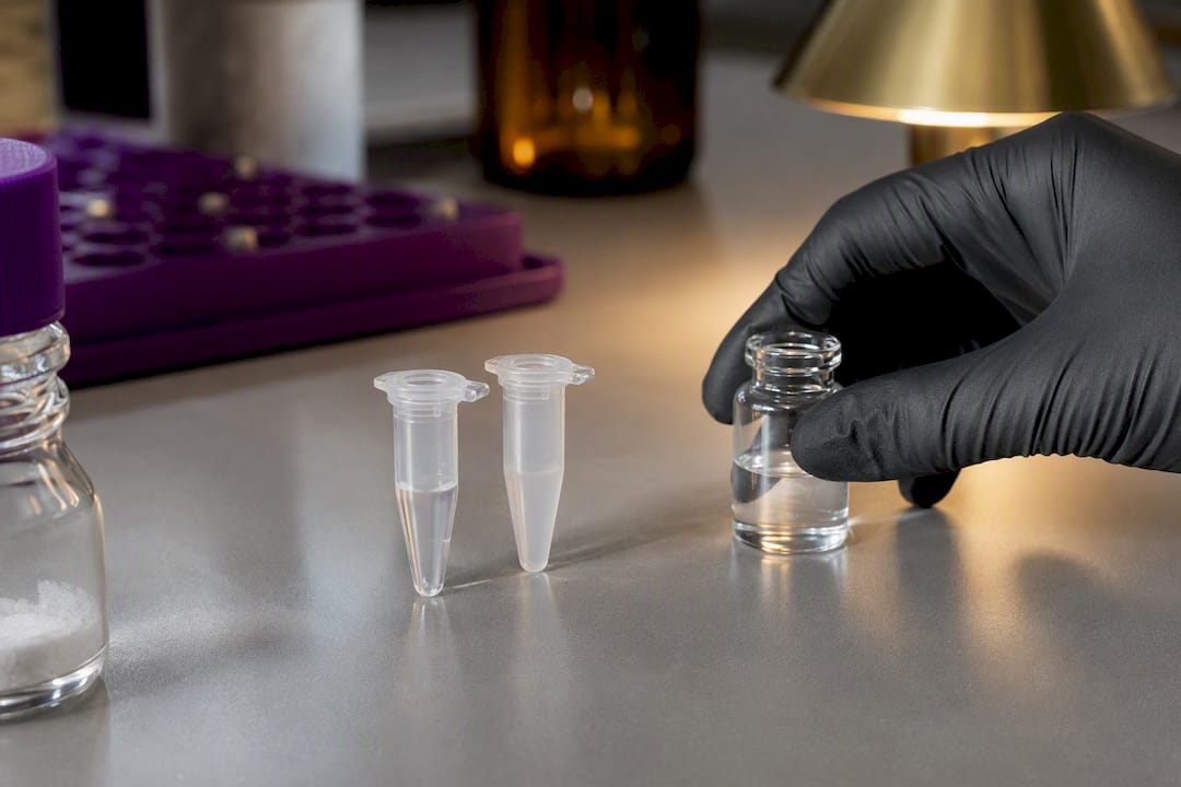 Peptide solubility samples on laboratory bench