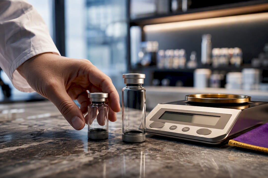 Anonymous peptide vials beside precision scale