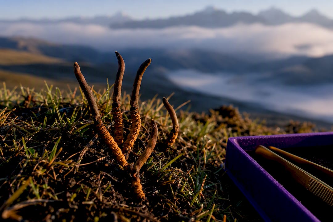 Wild cordyceps fruiting bodies in alpine grassland
