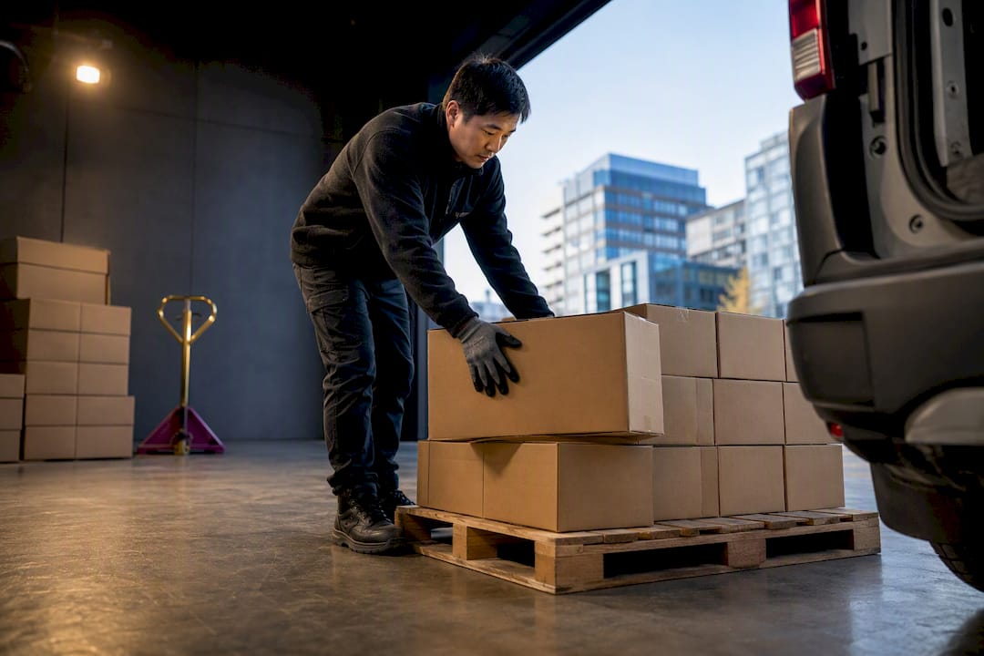 Cartons moving through a shipping loading dock