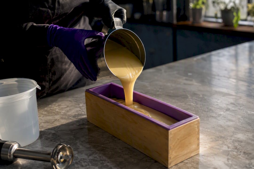 Gloved hands pouring cold-process soap batter