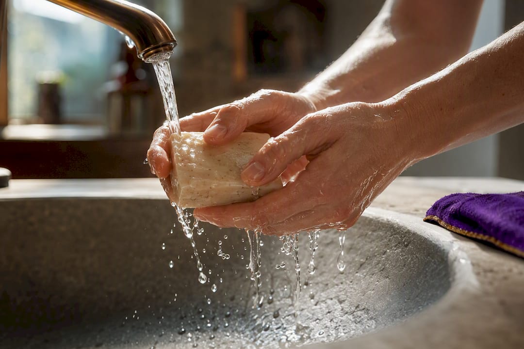 Hands rinsing natural soap at basin