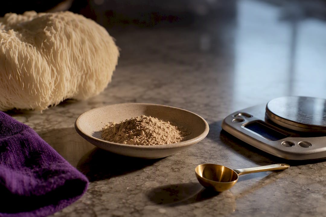 Measured lion's mane powder beside mushroom