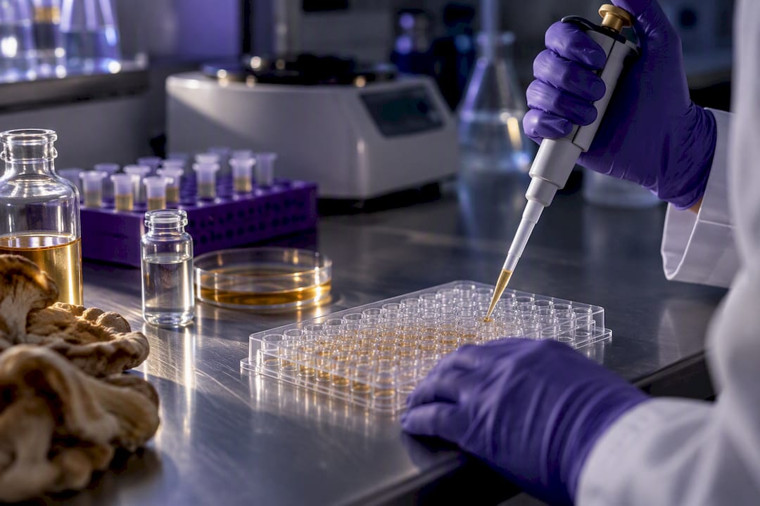 Pipetting mushroom extract for laboratory assay