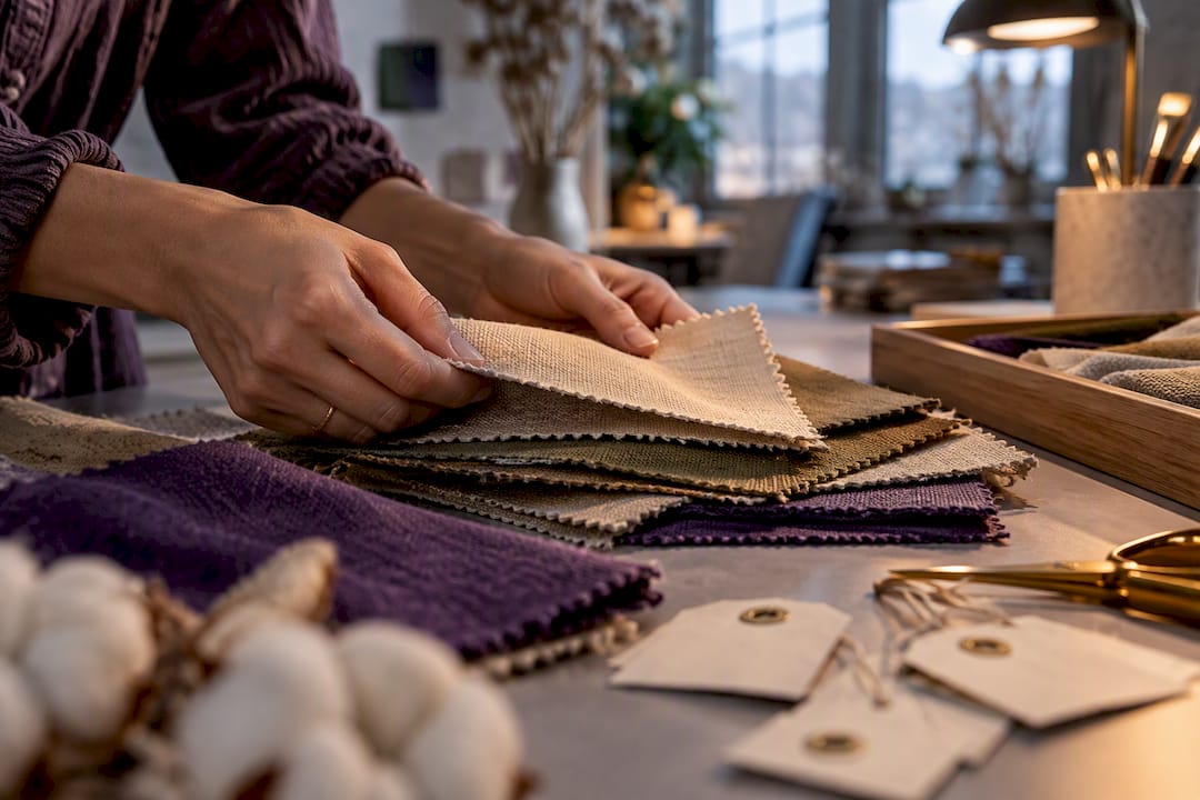 Hands examining certified textile fabric swatches