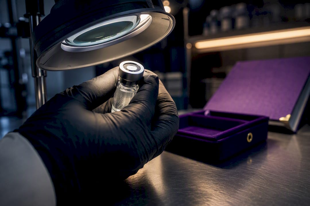 Technician inspecting anonymous peptide vial seal