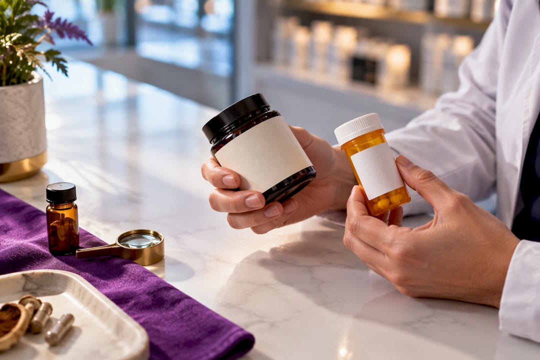 Pharmacist reviewing anonymous supplement and prescription containers