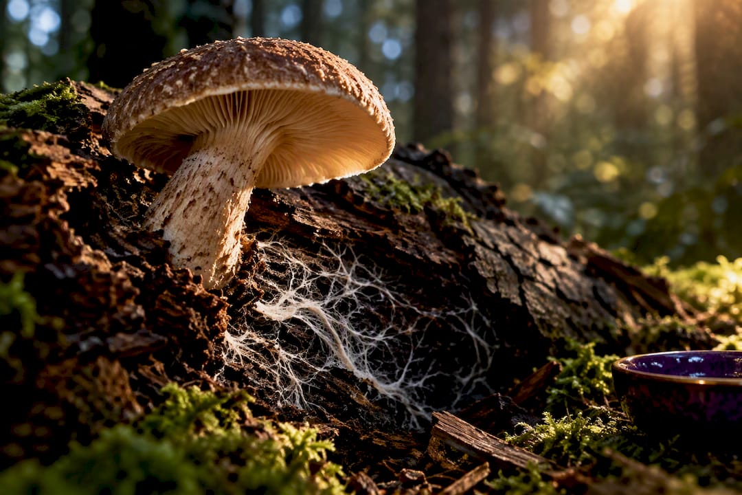 Mushroom fruiting body emerging from mycelium