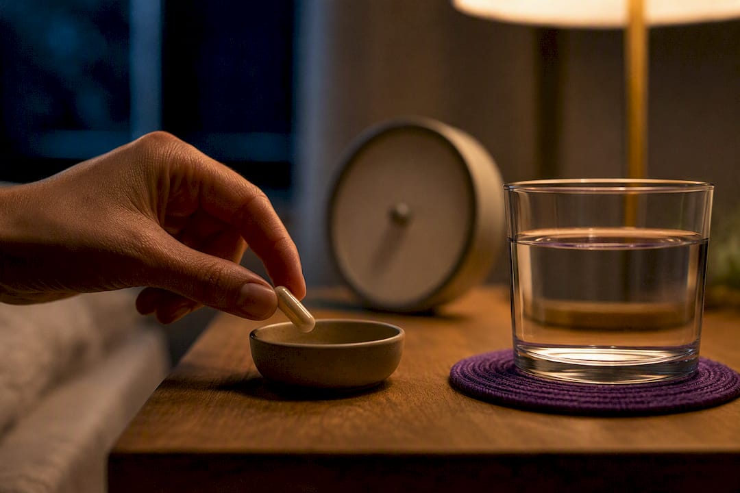 Anonymous capsule and water beside bedside clock