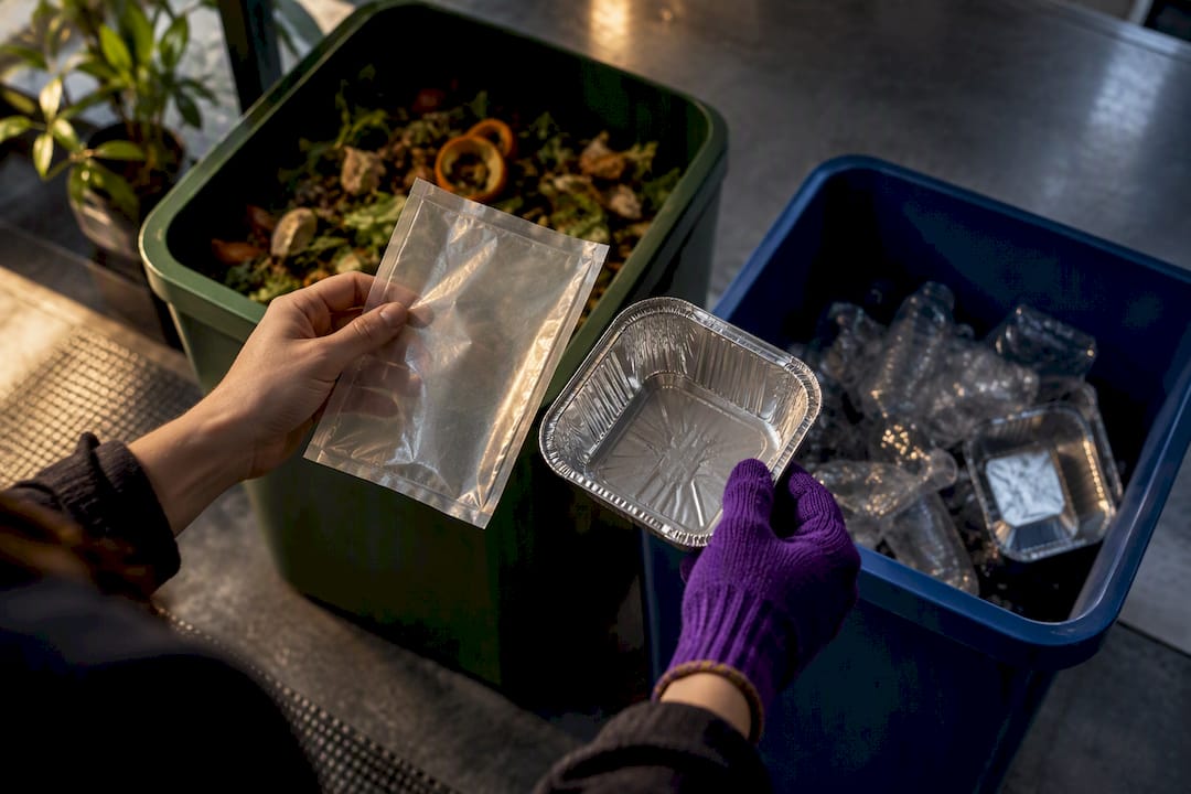 Hands comparing compostable and recyclable packaging