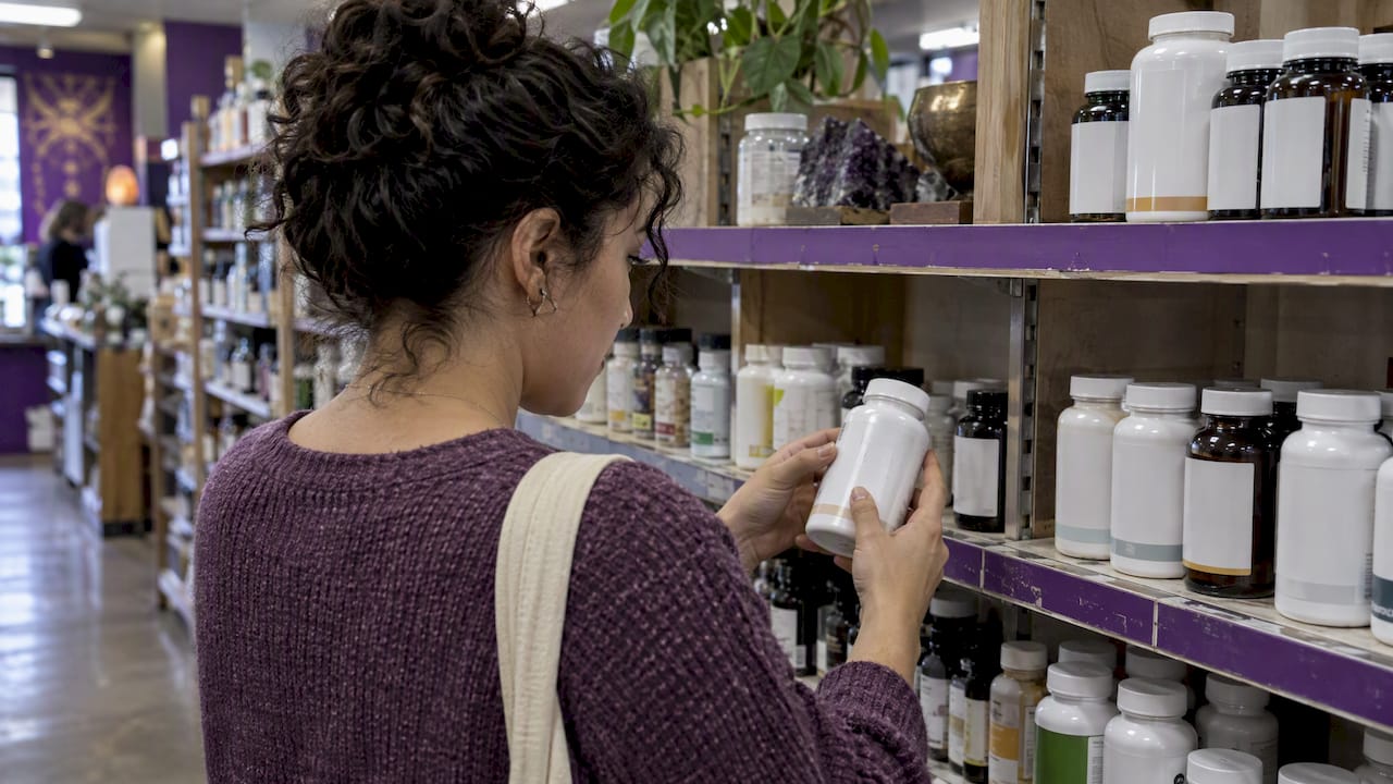 Shopper checking supplement bottle origin