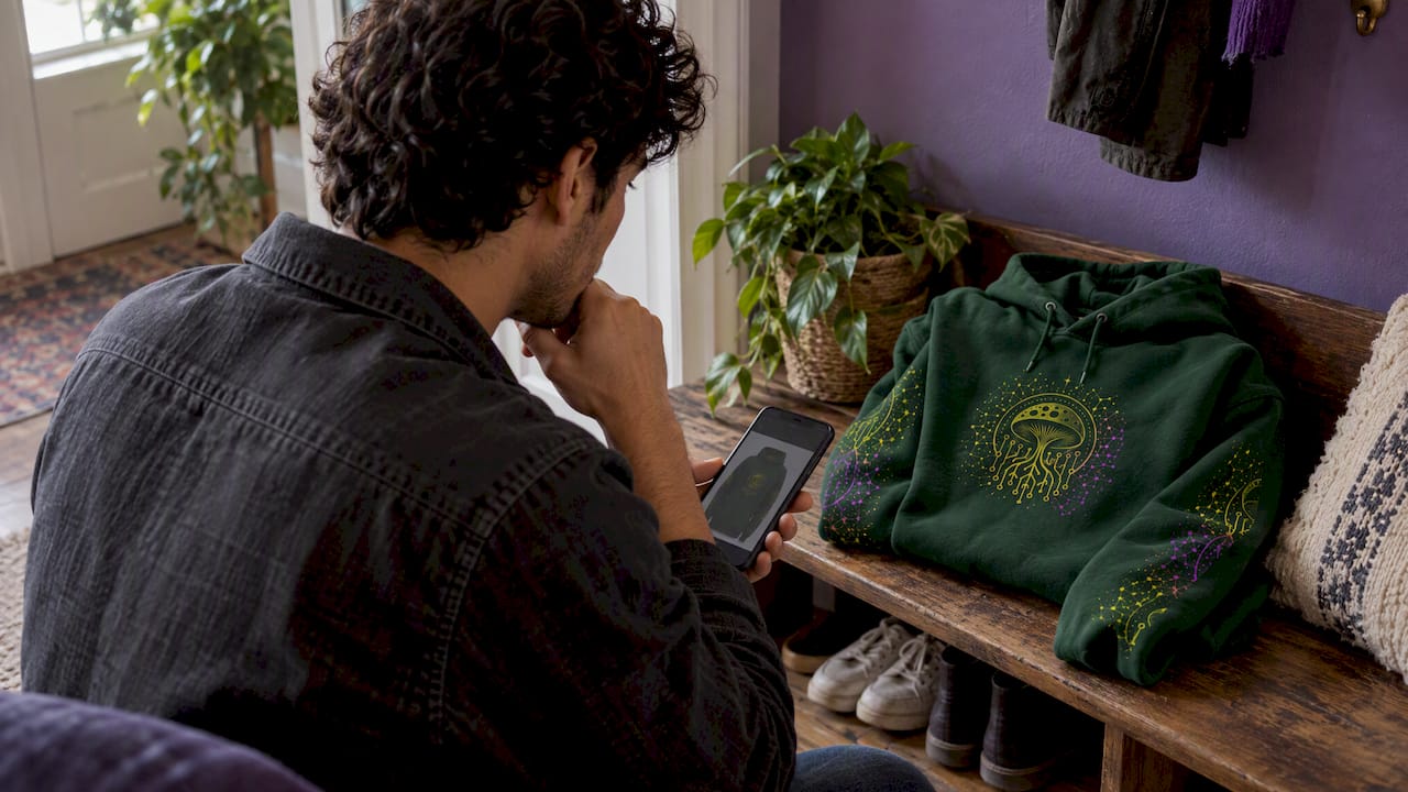 Shopper considers merch purchase supporting reforestation