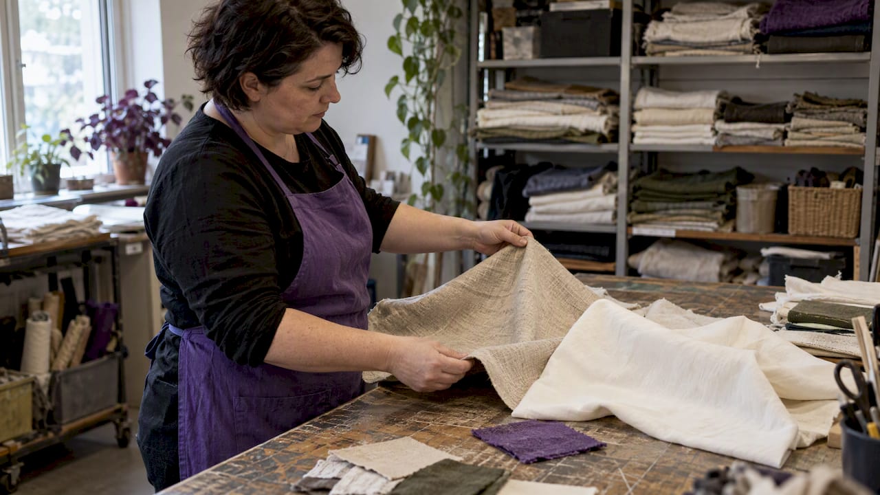 Technician comparing hemp and cotton fabric swatches