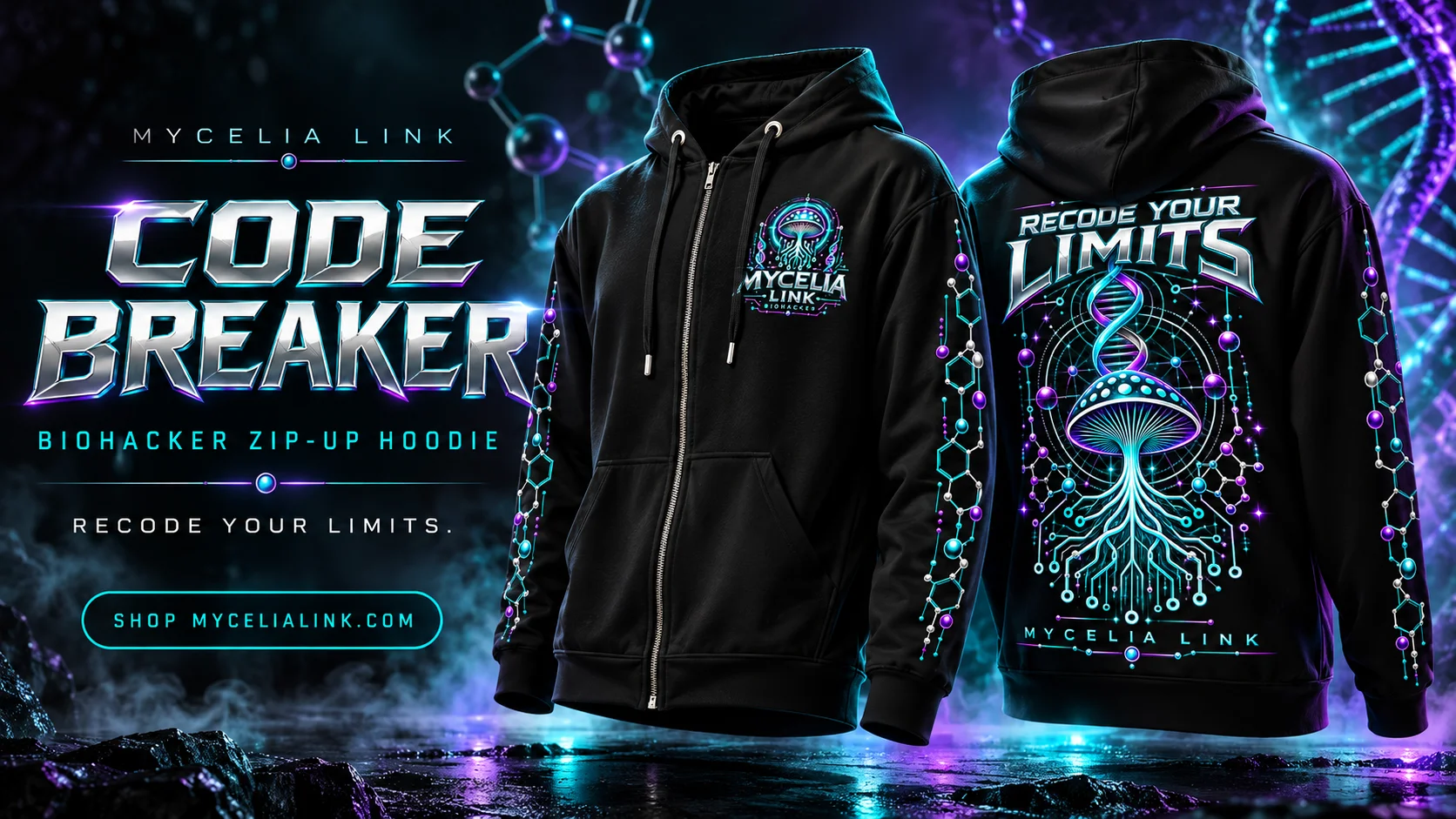 Mycelia Link Code Breaker biohacker zip-up hoodie